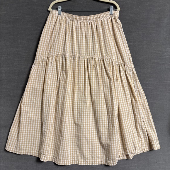 Old Navy Dresses & Skirts - Old Navy Skirt XL Tan Gingham Cotton Curved Tiered Midi Preppy Summer Casual